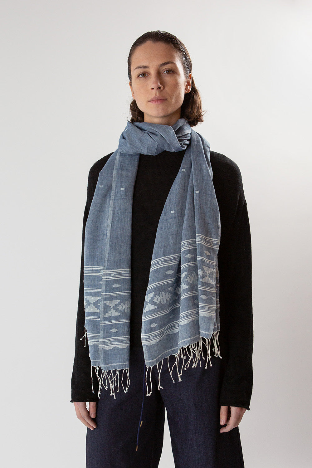 Jamdani Khadi Shawl In Chambray