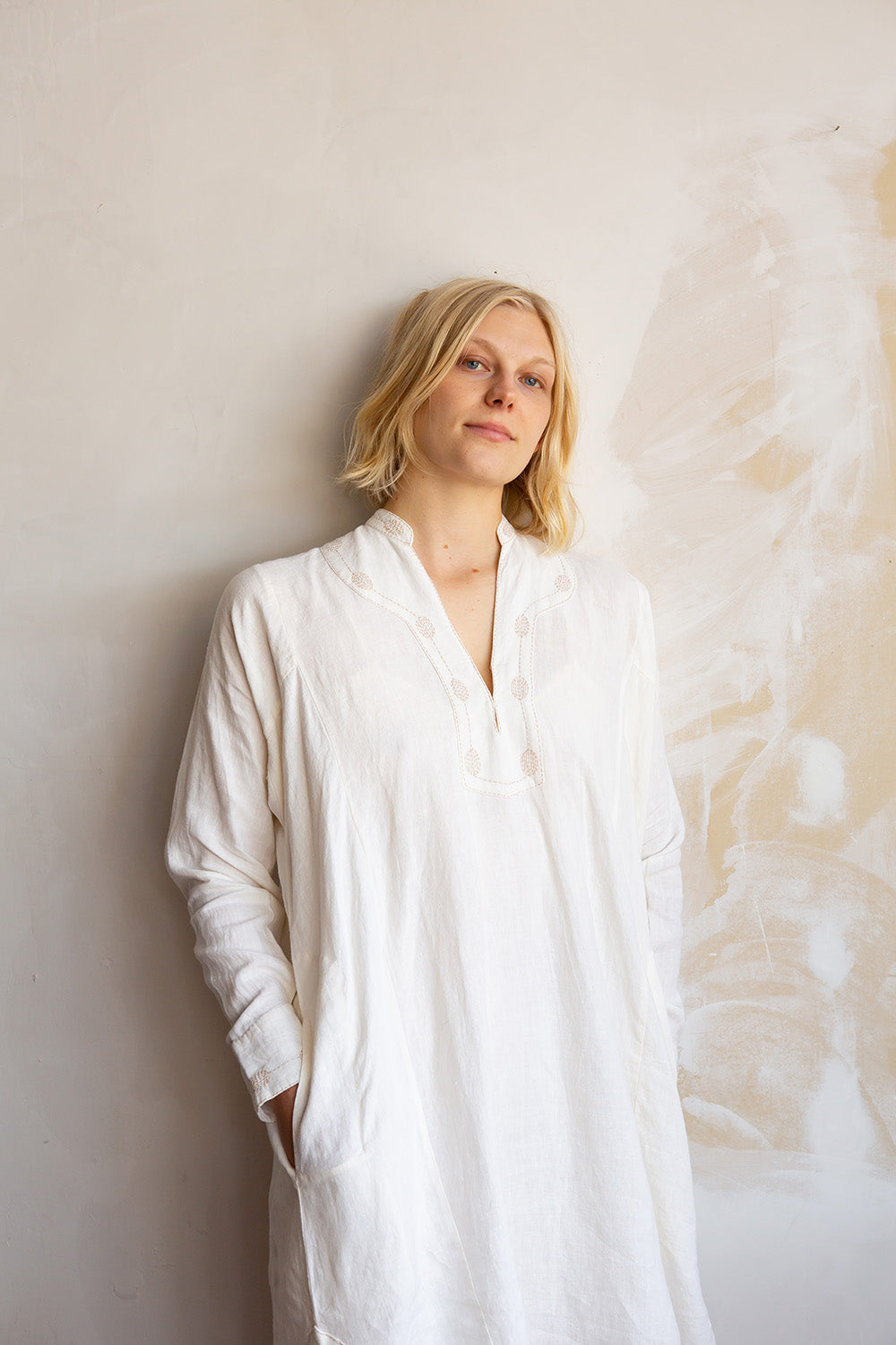 Rekha Linen Hand Embroidered Dress in Off White