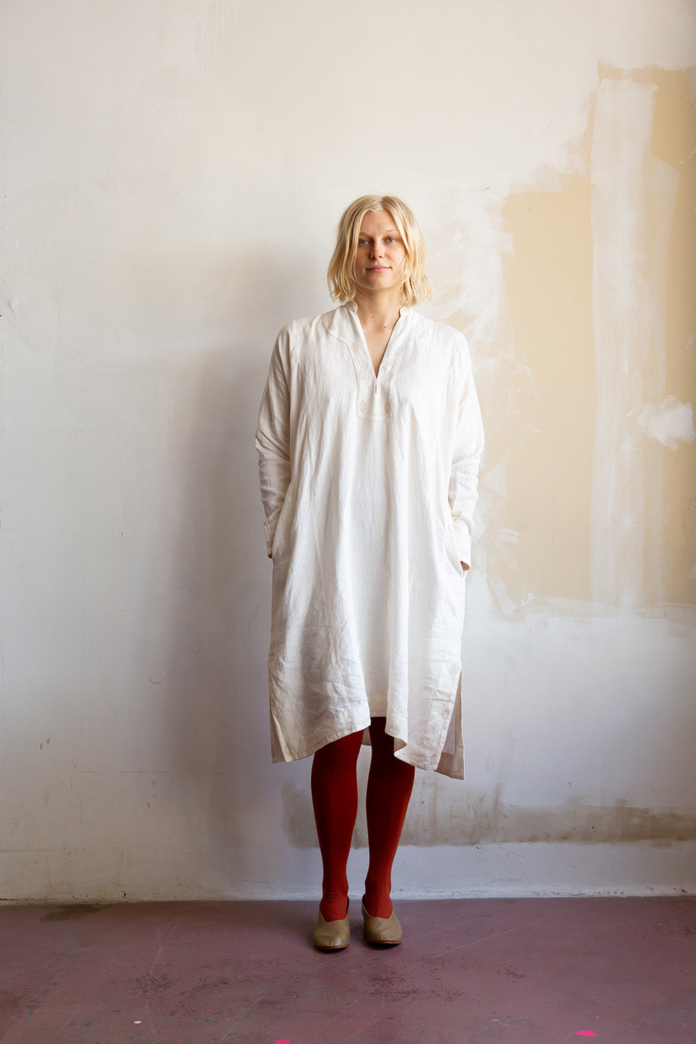 Rekha Linen Hand Embroidered Dress in Off White