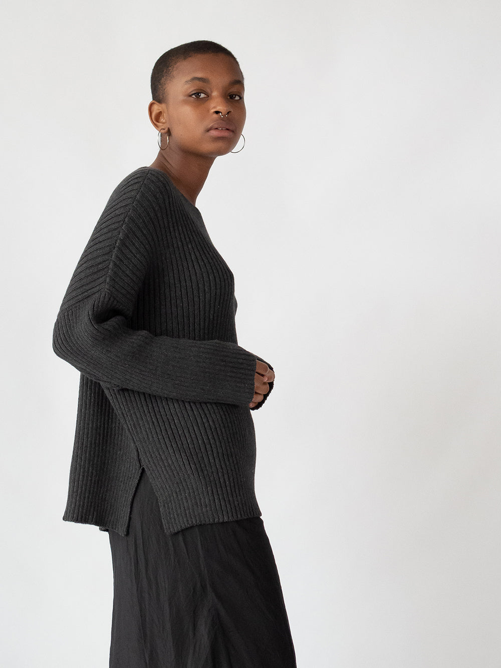 Ellie Pima Cotton Ribbed Pullover in Charcoal