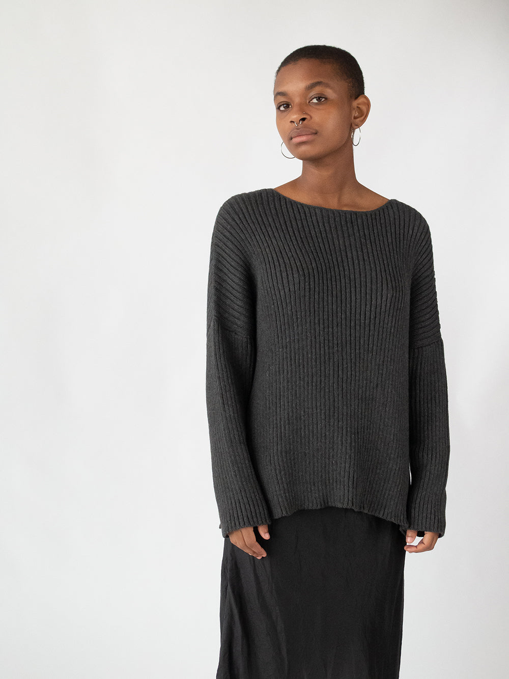 Ellie Pima Cotton Ribbed Pullover in Charcoal