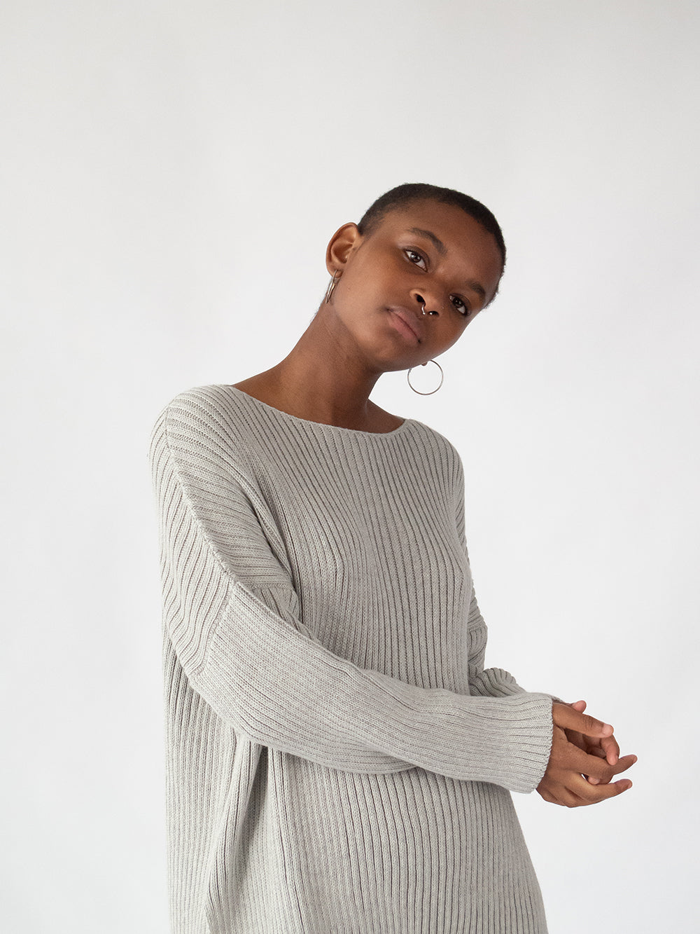 Pima Cotton Ribbed Pullover in Light Grey