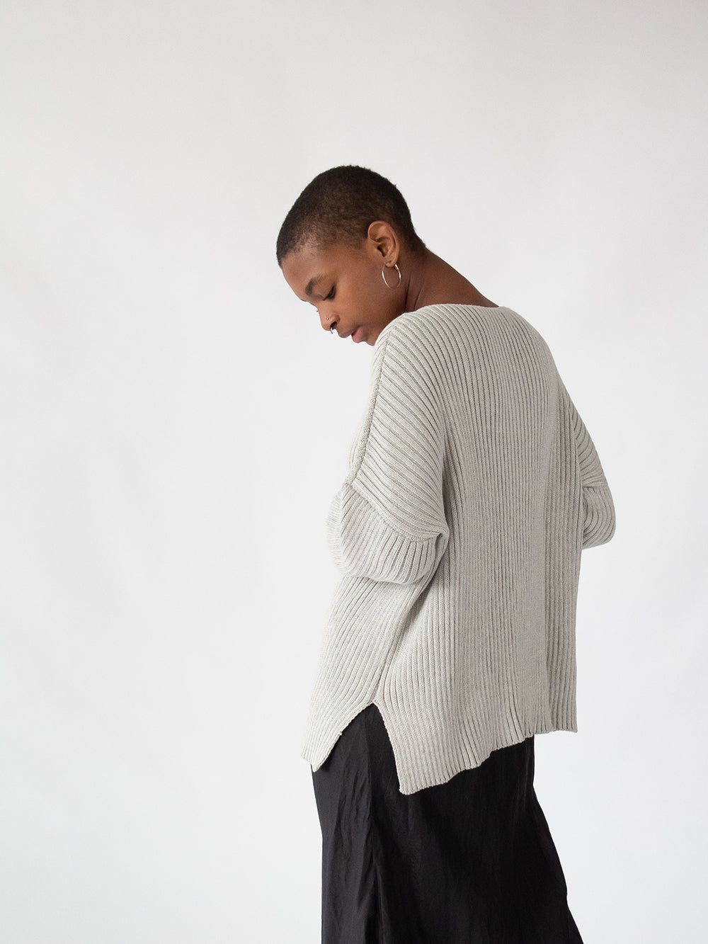 Ellie Pima Cotton Ribbed Pullover in Light Grey