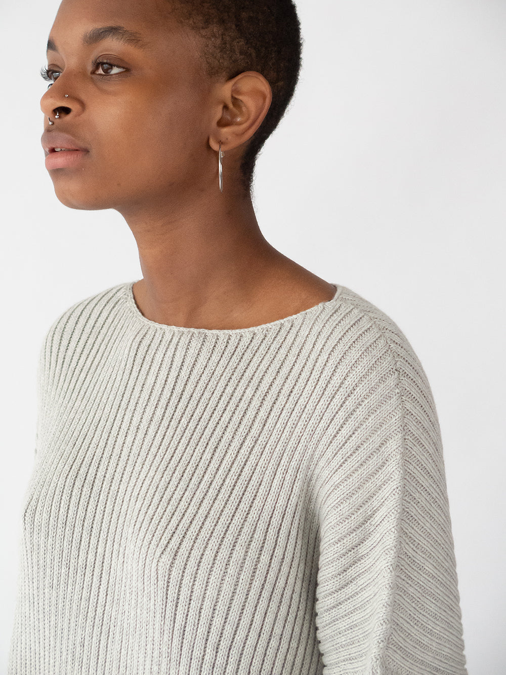 Ellie Pima Cotton Ribbed Pullover in Light Grey