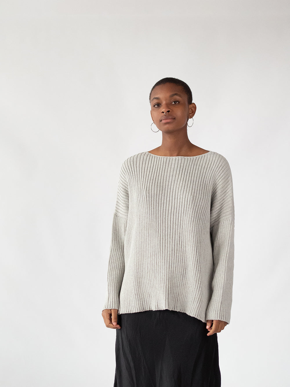 Ellie Pima Cotton Ribbed Pullover in Light Grey