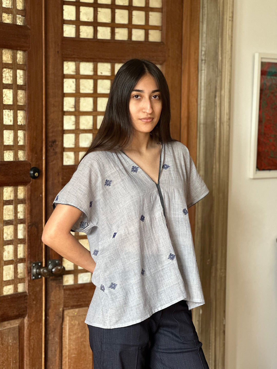 Patti Jamdani Cotton Top in Chambray