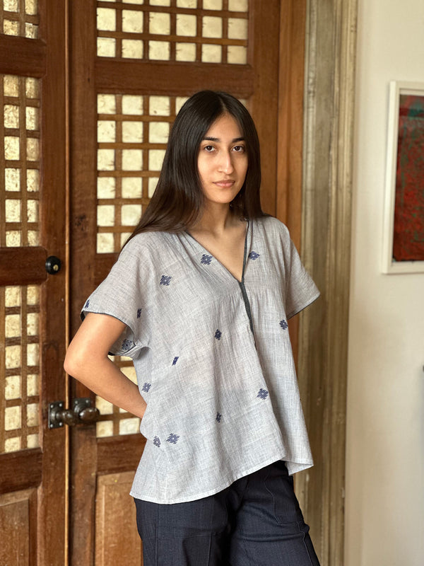 Patti Jamdani Cotton Top in Chambray