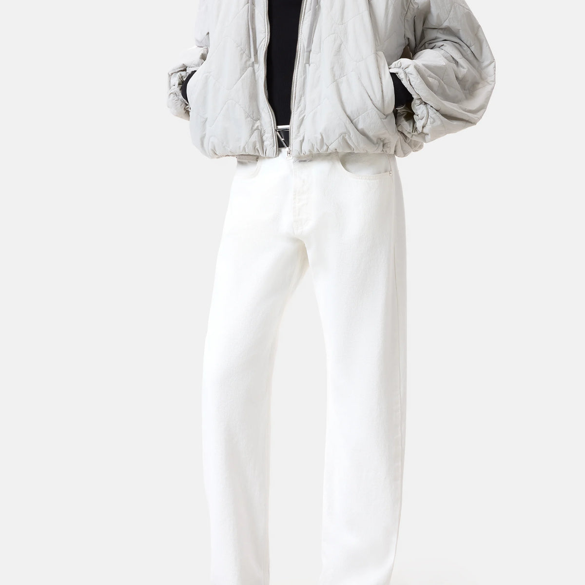 Closed Cropped Gathered Bomber In Light Grey Closed Cropped Gathered Bomber In Light Grey