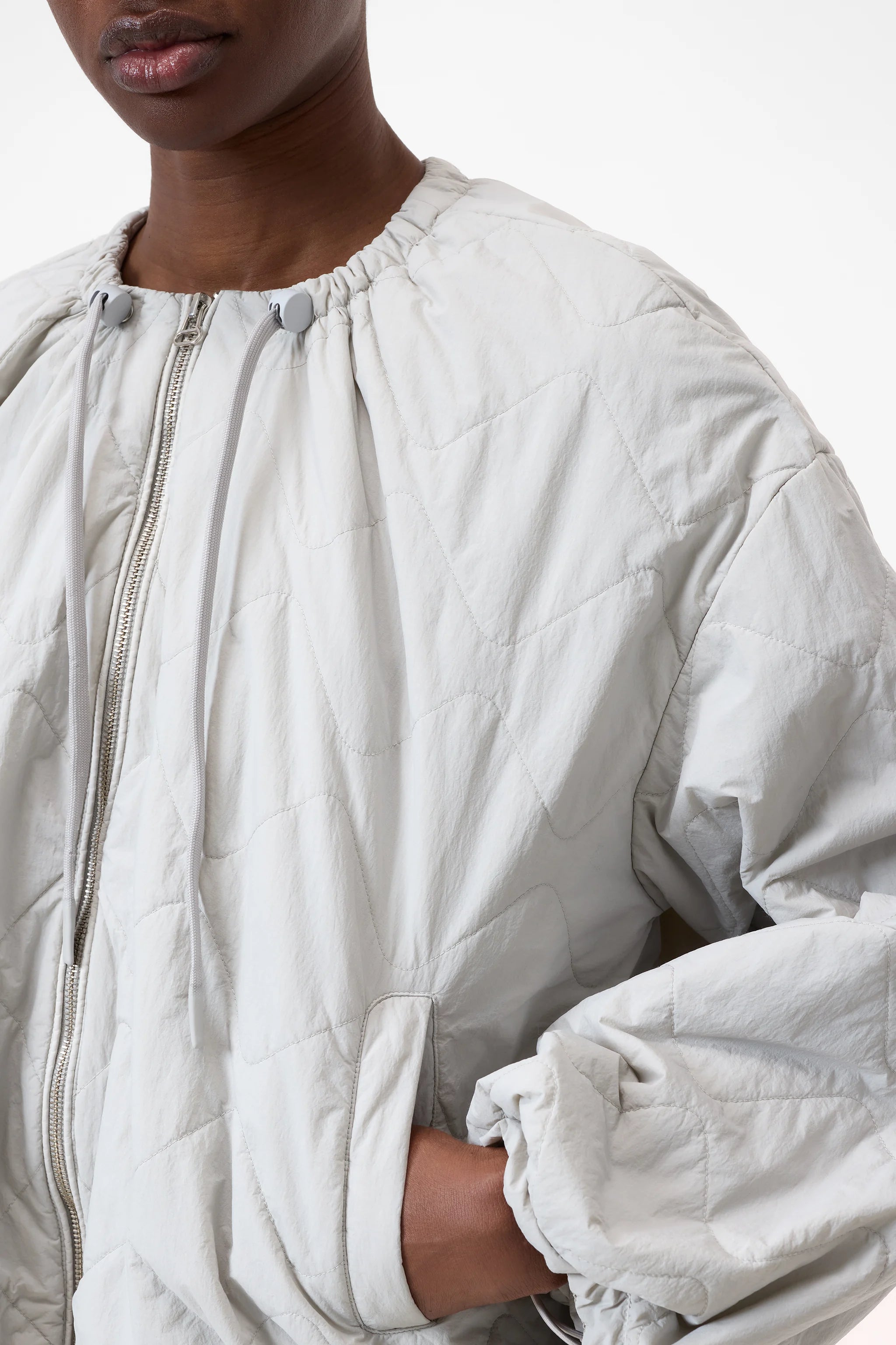 Closed Cropped Gathered Bomber In Light Grey Closed Cropped Gathered Bomber In Light Grey