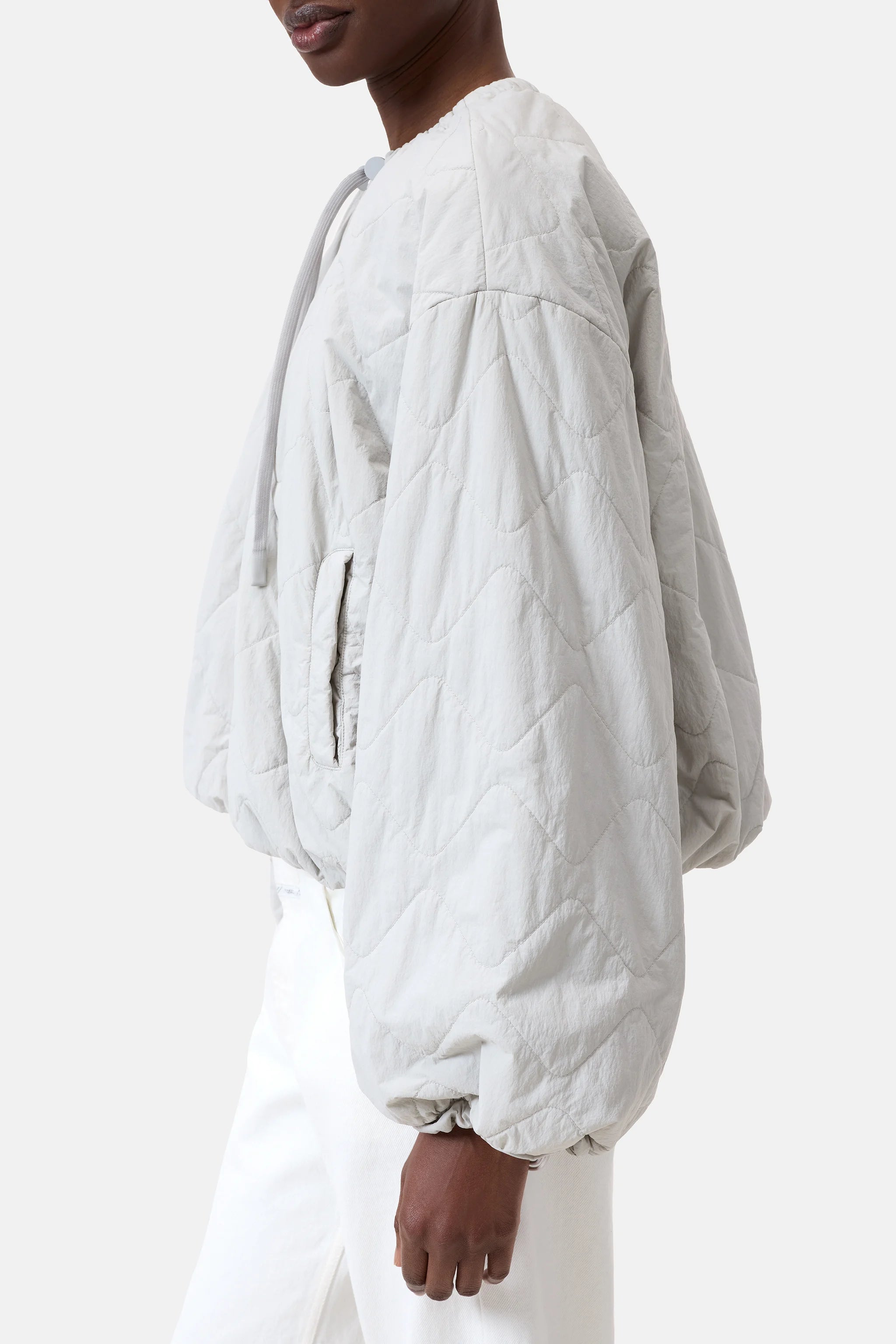 Closed Cropped Gathered Bomber In Light Grey