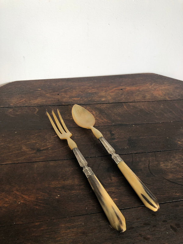 Vintage French Horn and Silver Salad Servers
