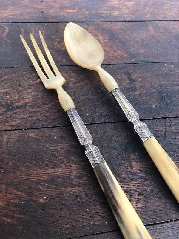 Vintage French Horn and Silver Salad Servers
