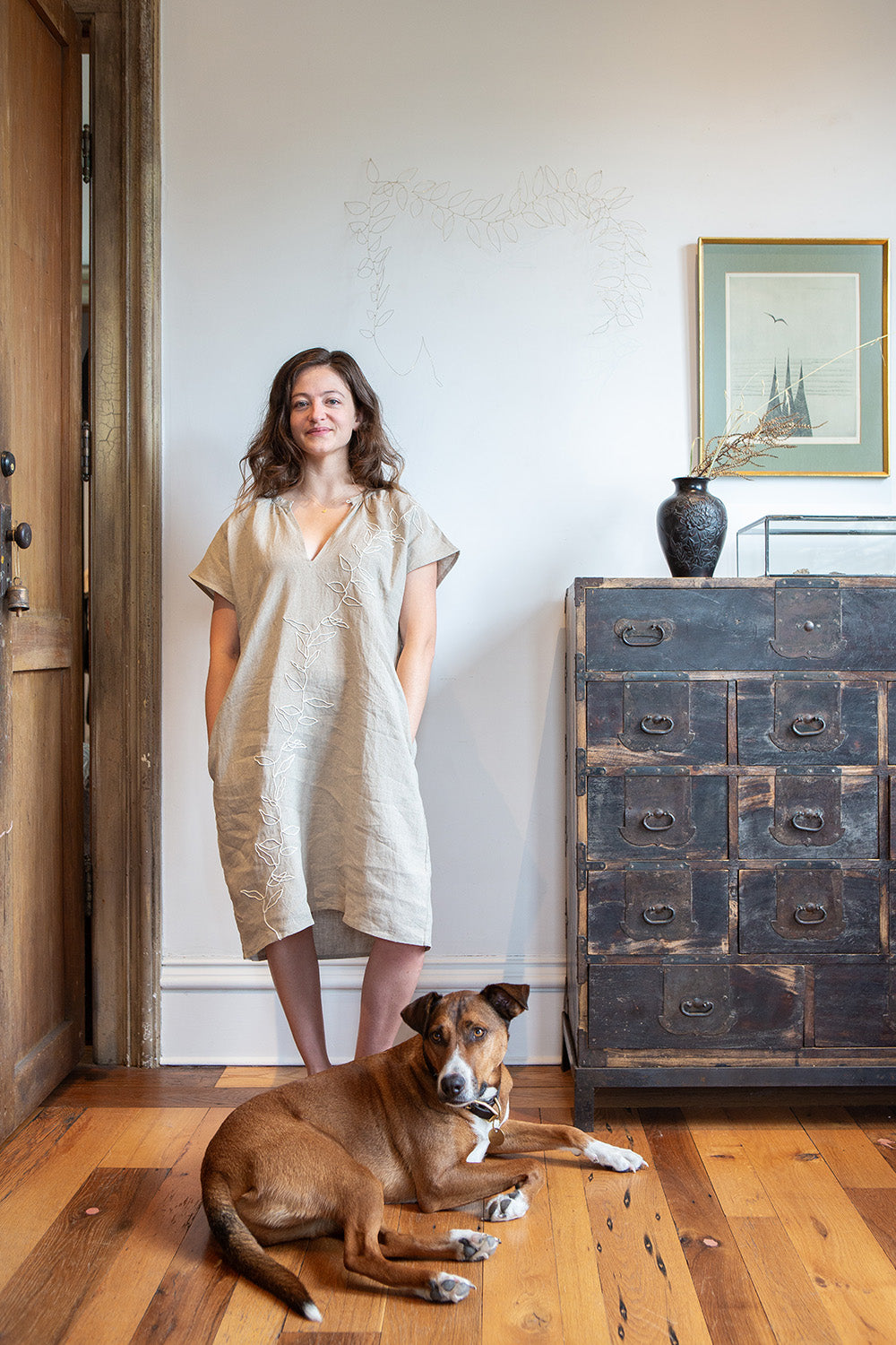 Suki Embroidered Linen Dress In Natural Vine