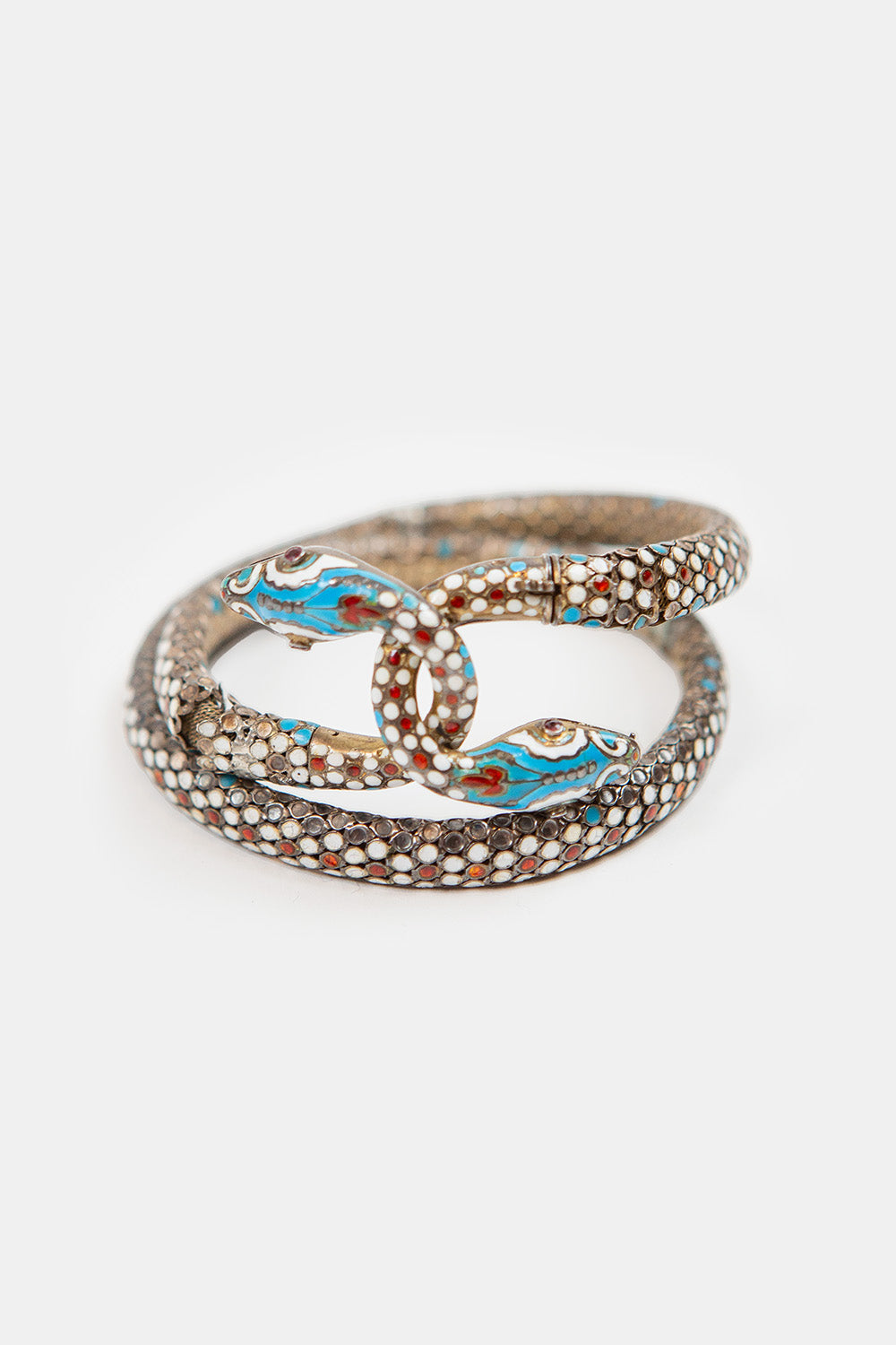 Antique Silver, Enamel and Ruby Snake Cuff