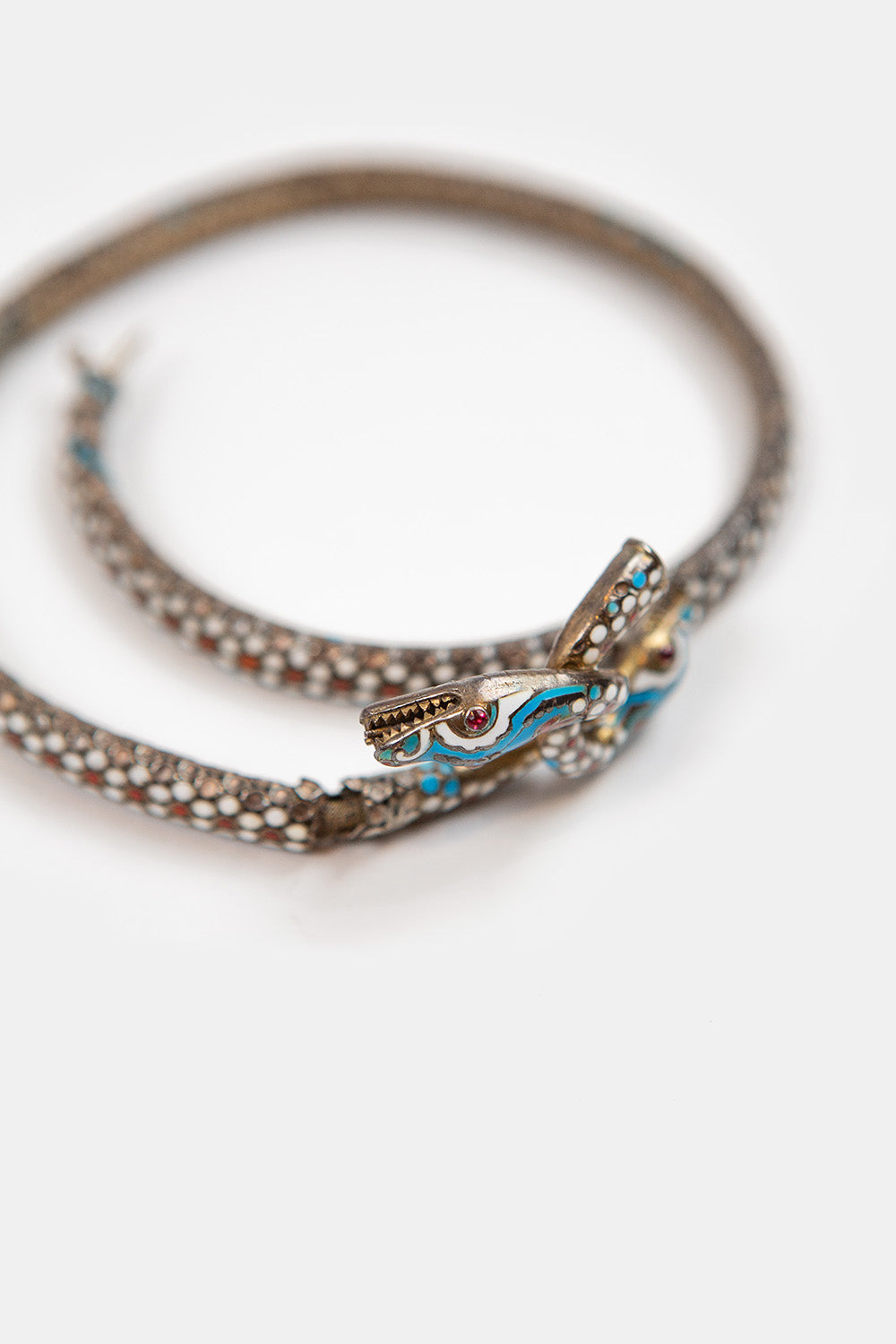 Antique Silver, Enamel and Ruby Snake Cuff