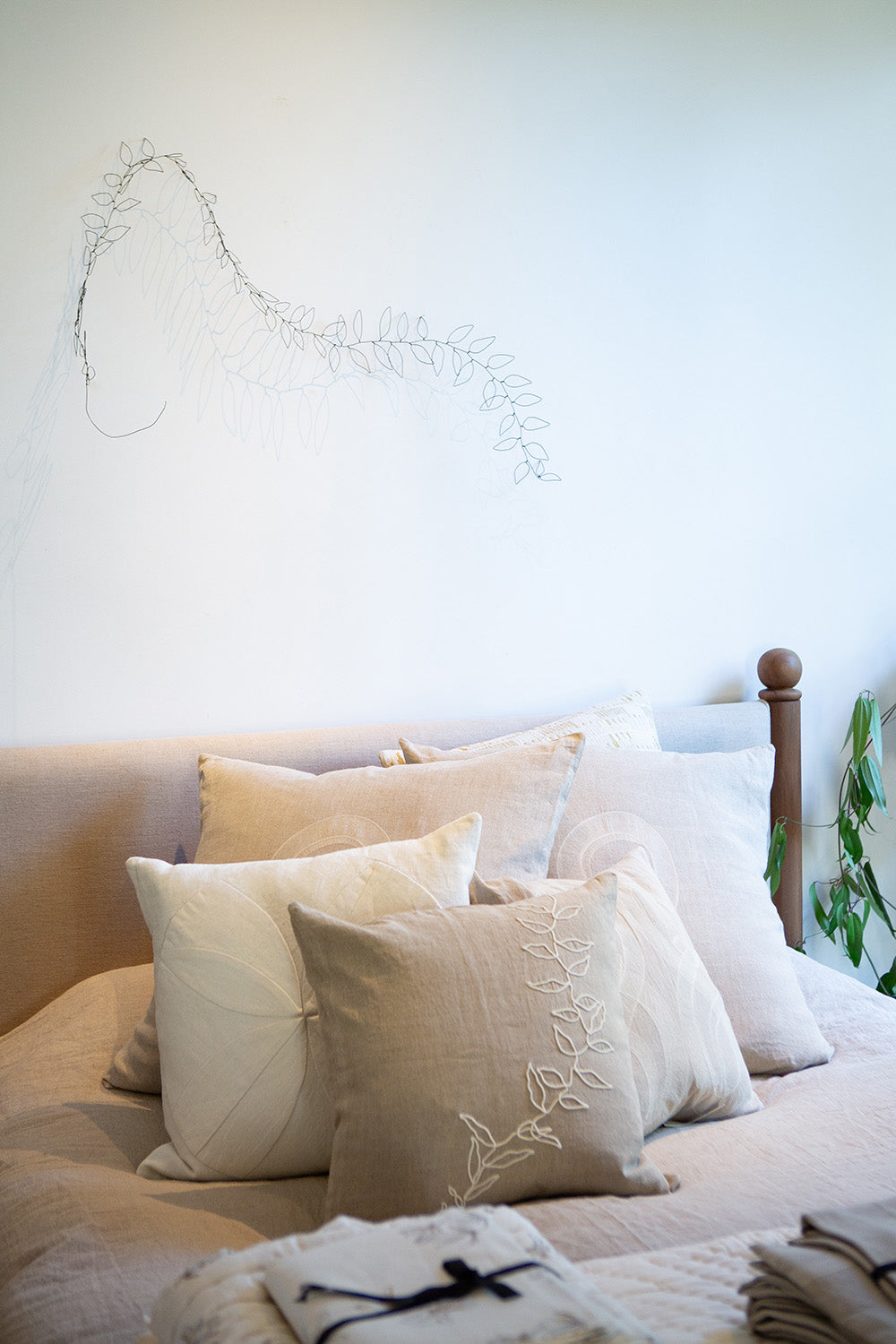 Linen Embroidered Throw Pillow In Natural Vine