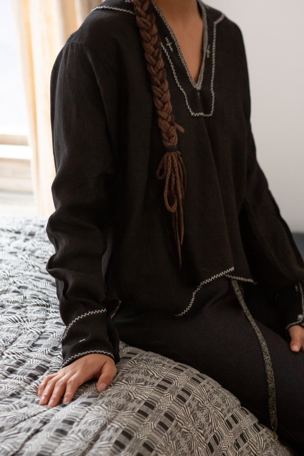 Aarika Linen Hand Embroidered Top in Black