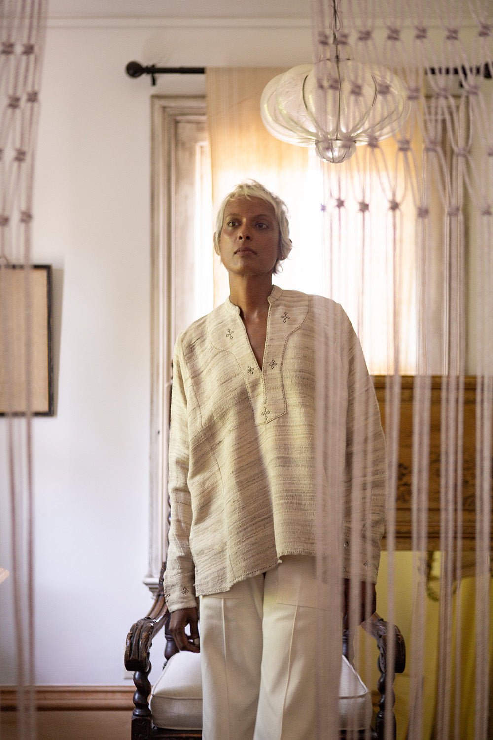 Aarika Silk Linen Embroidered Top in Sandstone