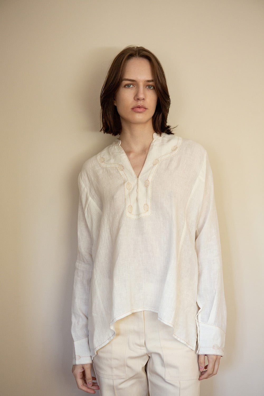 Aarika Linen Hand Embroidered Top in Soft White