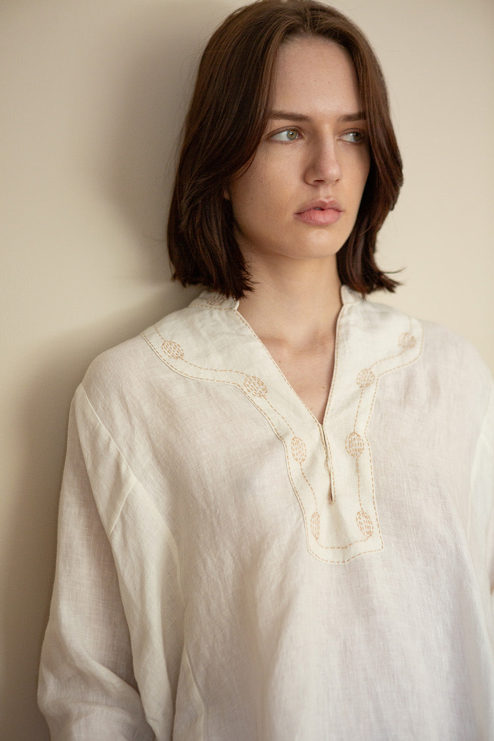 Aarika Linen Hand Embroidered Top in Soft White