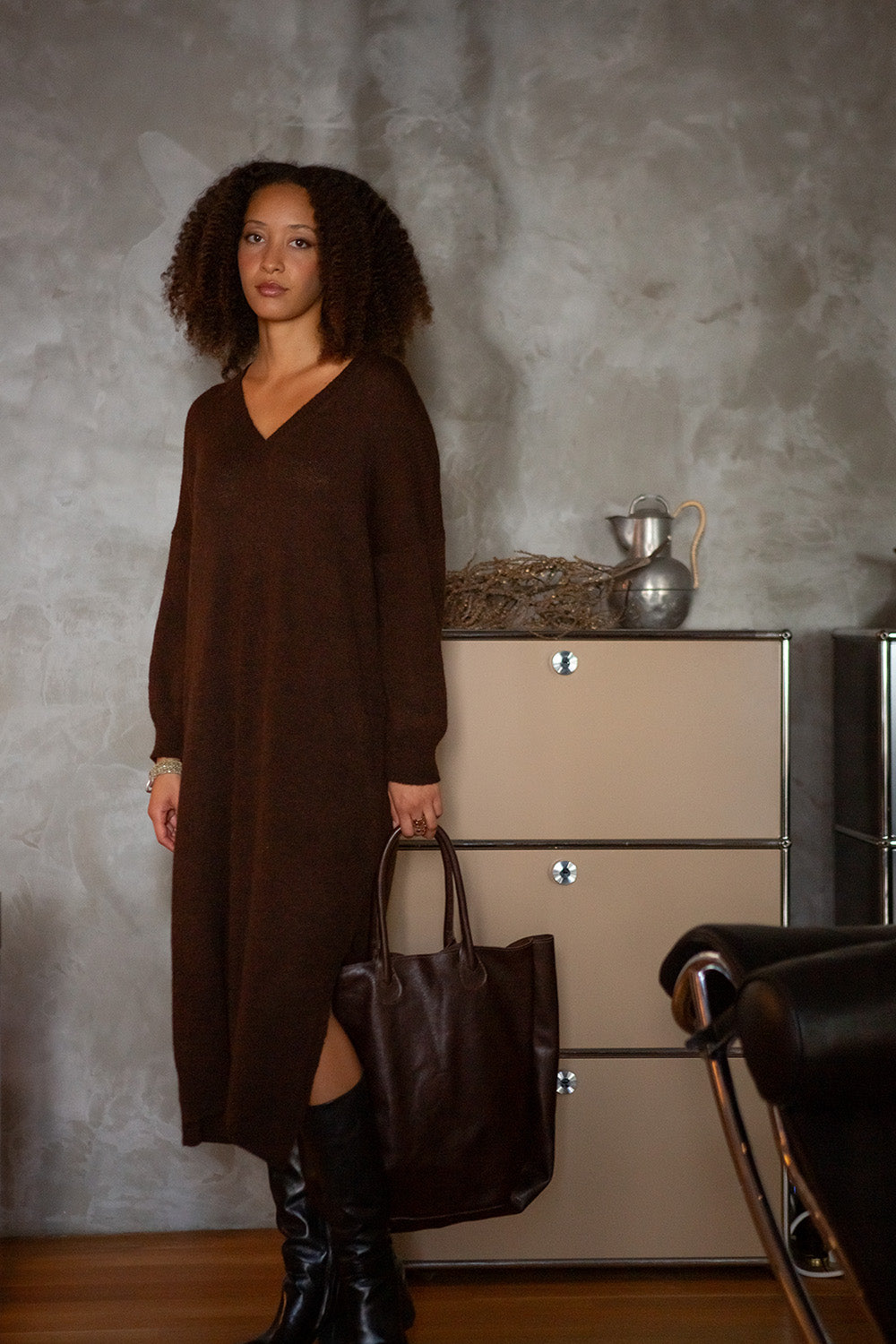 Annabelle Alpaca Wool Silk Sweater Dress in Nocino