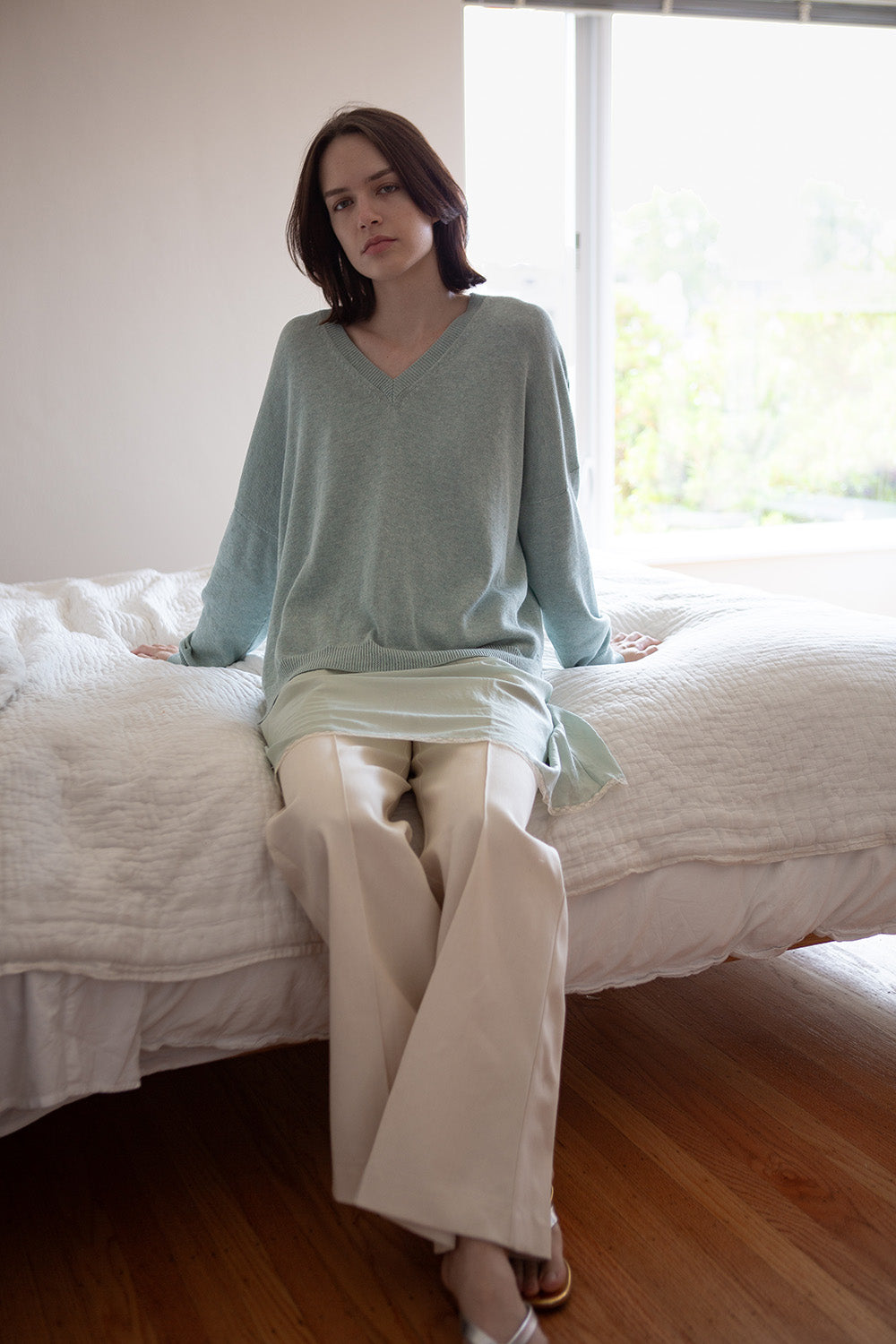 Anna Pima Cotton V Neck in Mist