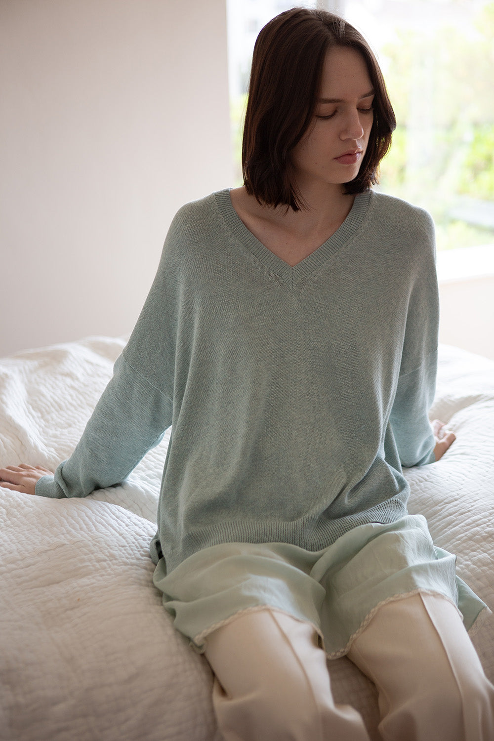 Anna Pima Cotton V Neck in Mist