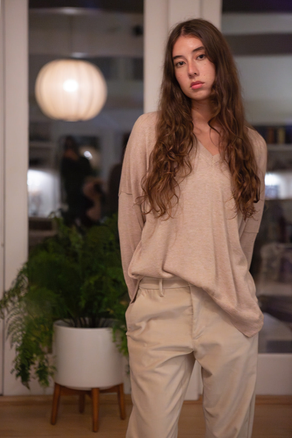 Anna Pima Cotton V Neck Pullover in Twig