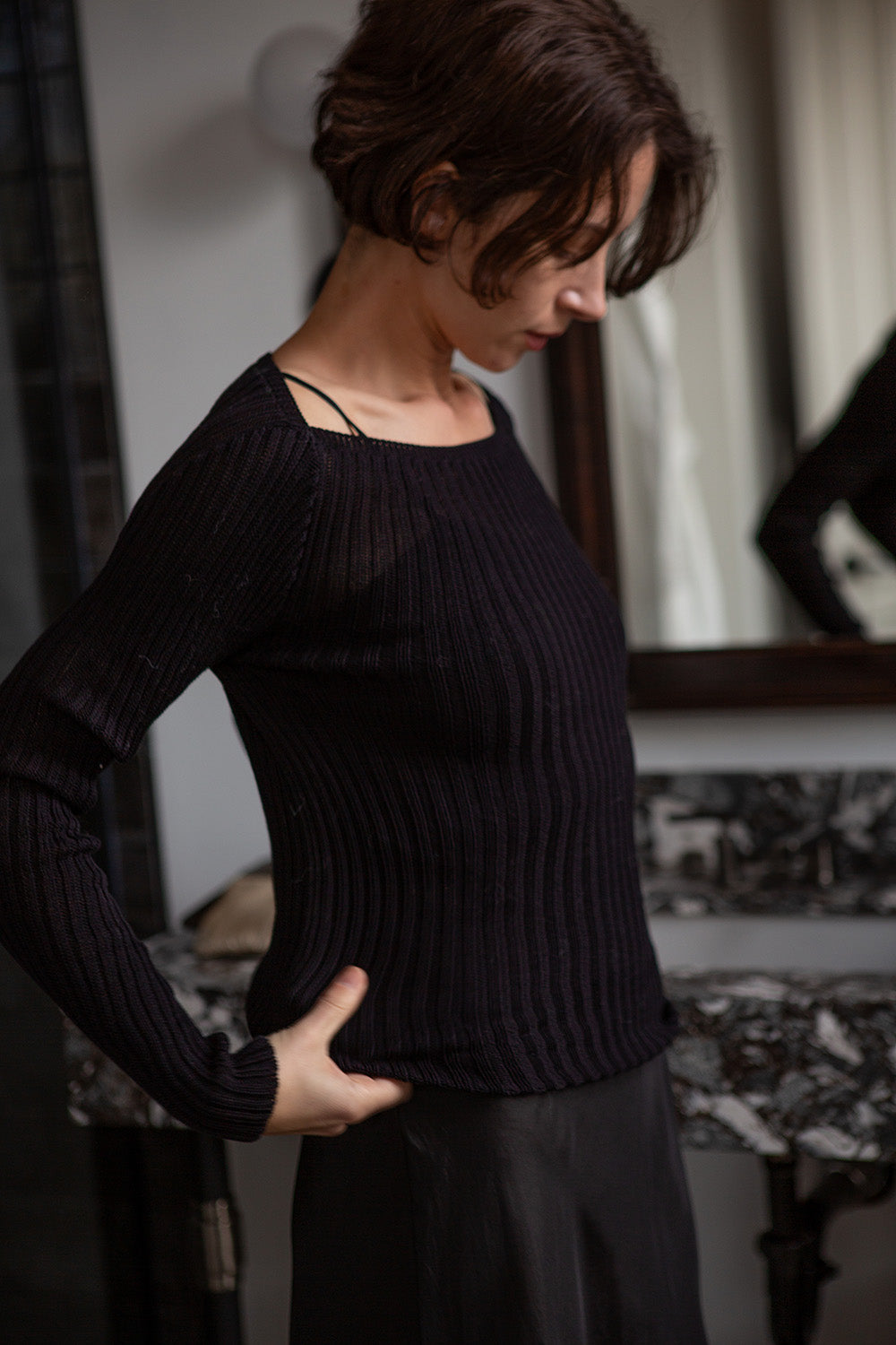 Pima Cotton Ribbed Bateau Pullover in Black