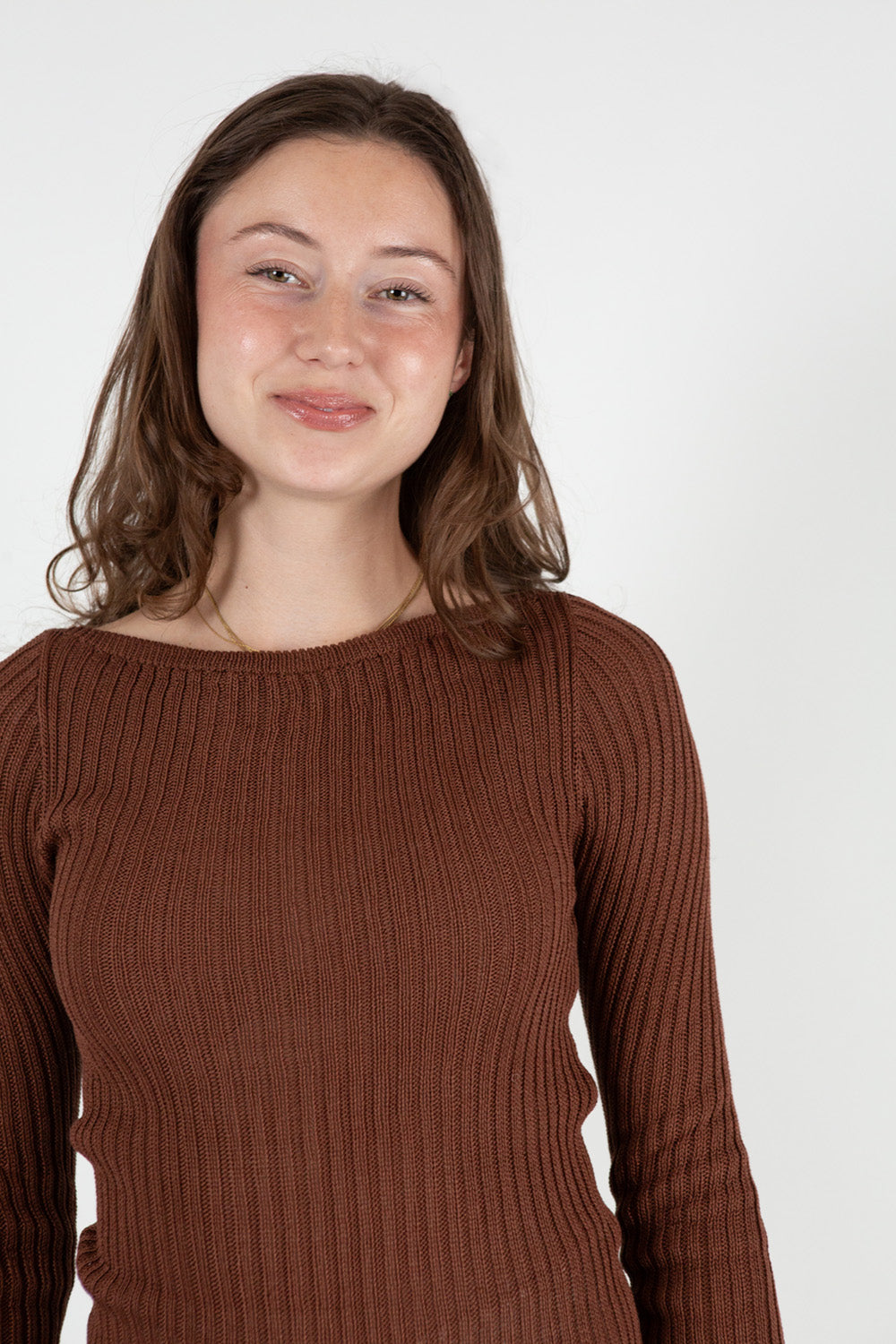Pima Cotton Ribbed Bateau Pullover in Chestnut