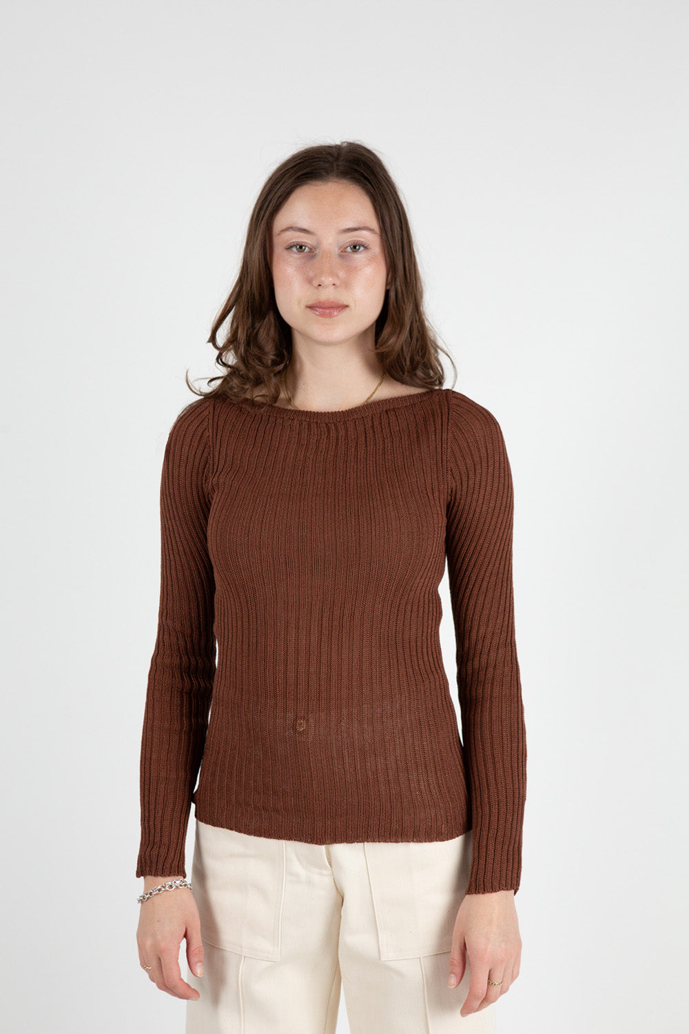 Pima Cotton Ribbed Bateau Pullover in Chestnut