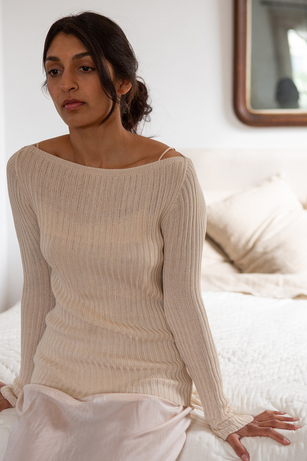 Pima Cotton Ribbed Bateau Pullover in Natural