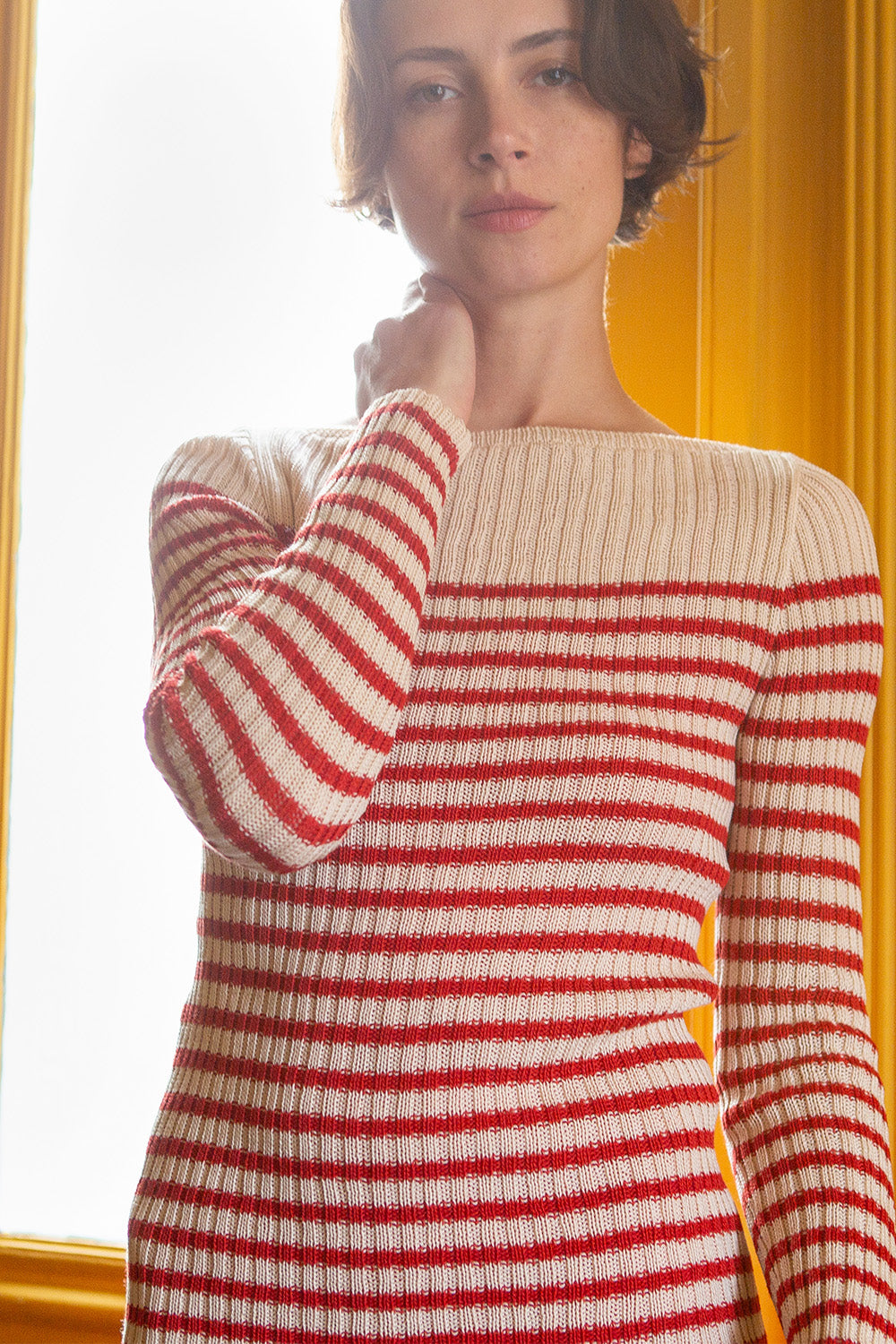 Pima Cotton Ribbed Bateau Pullover in Vermilion And Natural Stripe