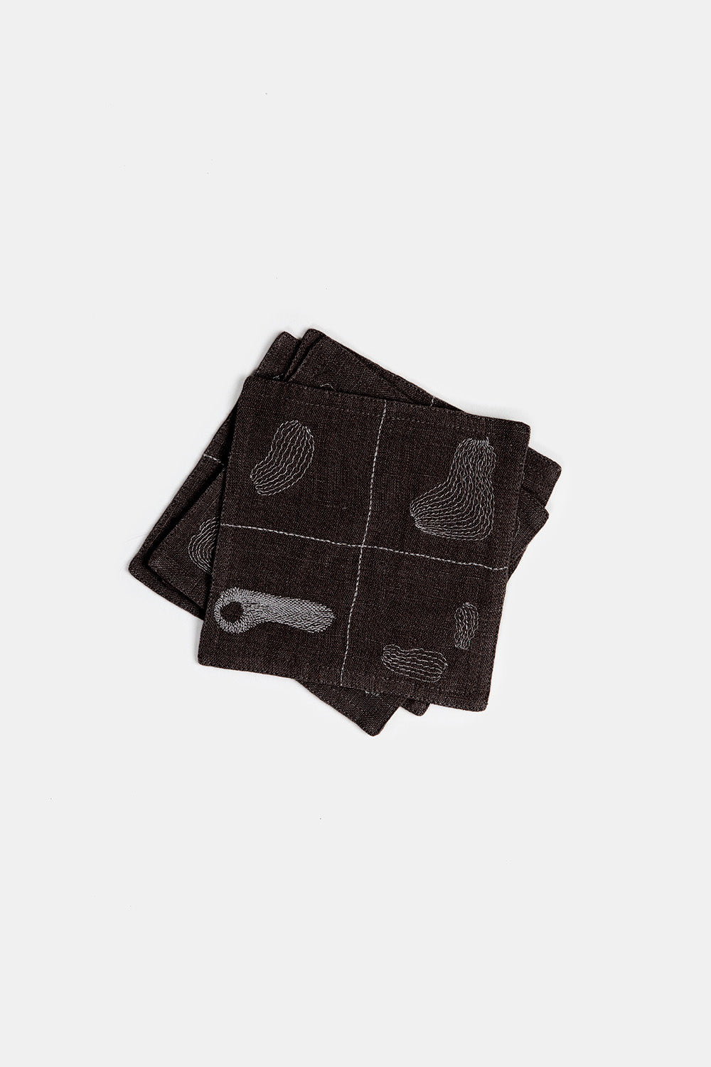 Set of 4 Linen Coasters In Black Line Embroidery