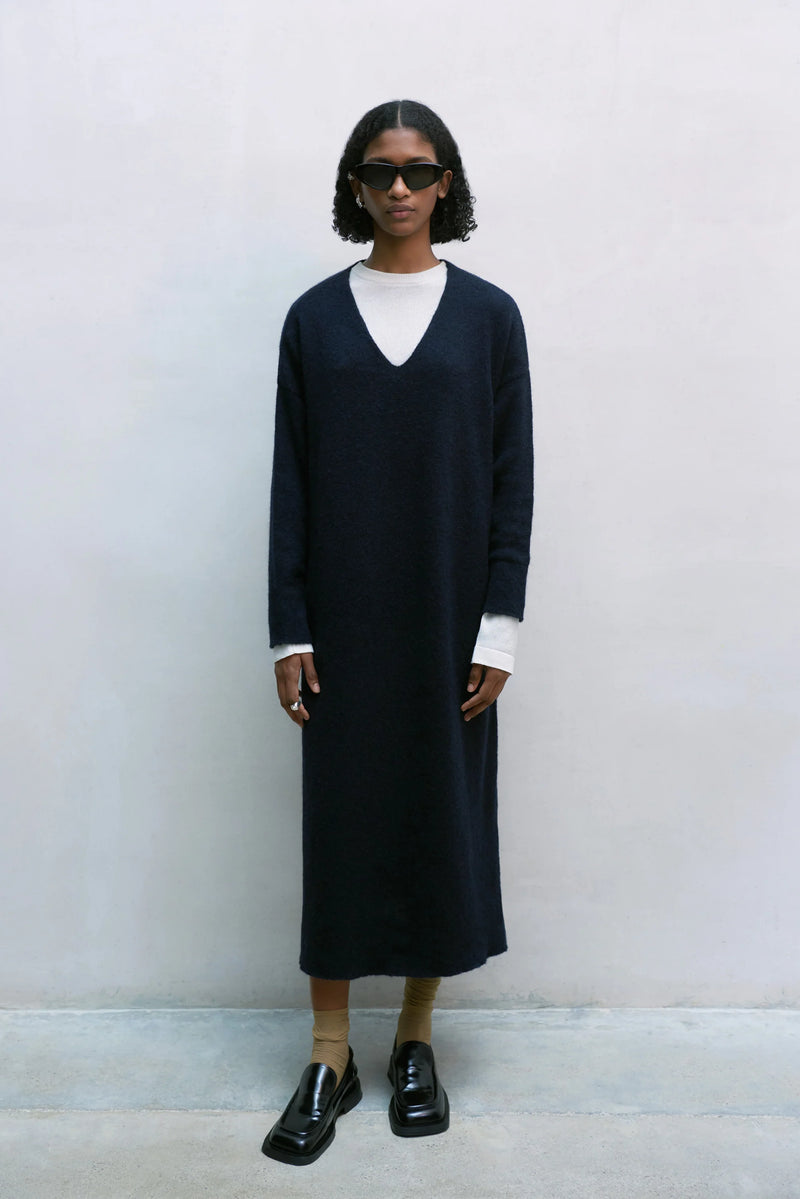 Cordera Baby Alpaca V Neck Dress in Navy