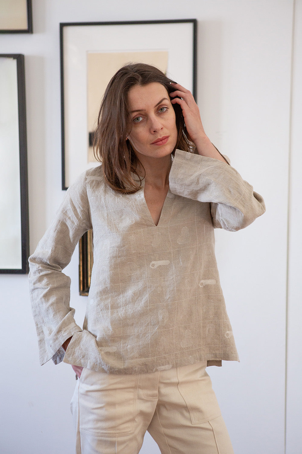 Diego Linen Top in Natural Line Embroidery 0 Diego Linen Top in Natural Line Embroidery 0