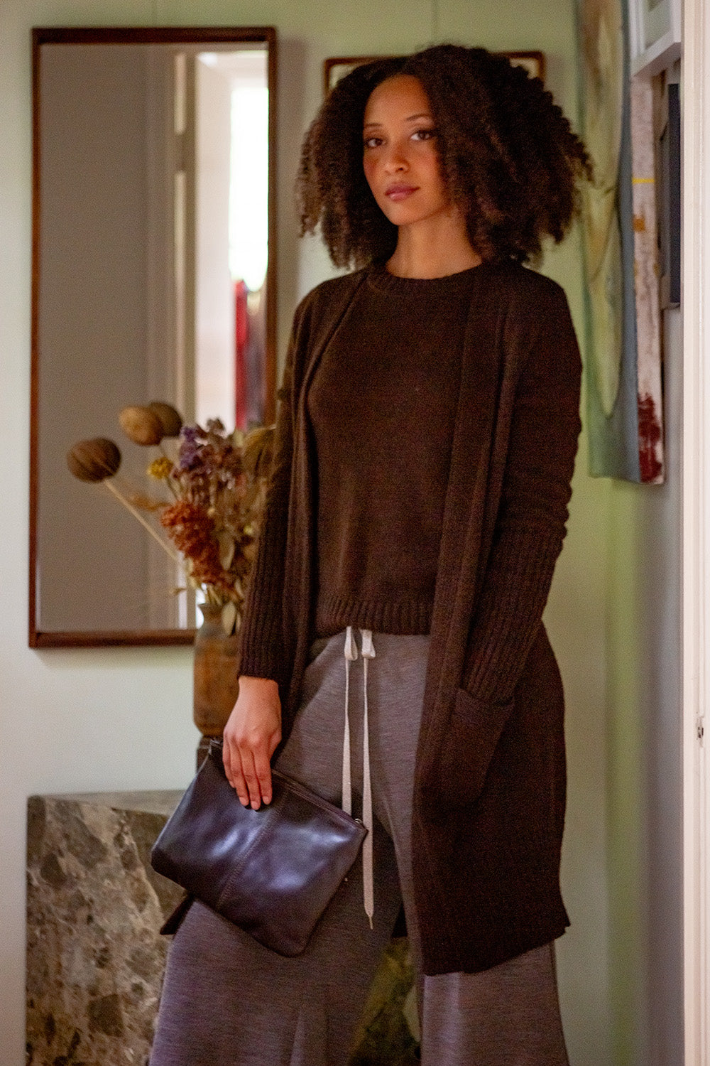 Elke Leather Zip Clutch In Nocino