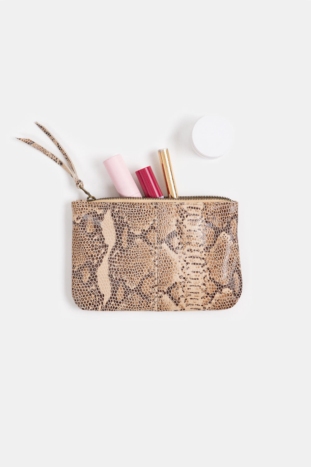Elodie Lambskin Leather Makeup Bag In Sand Snake