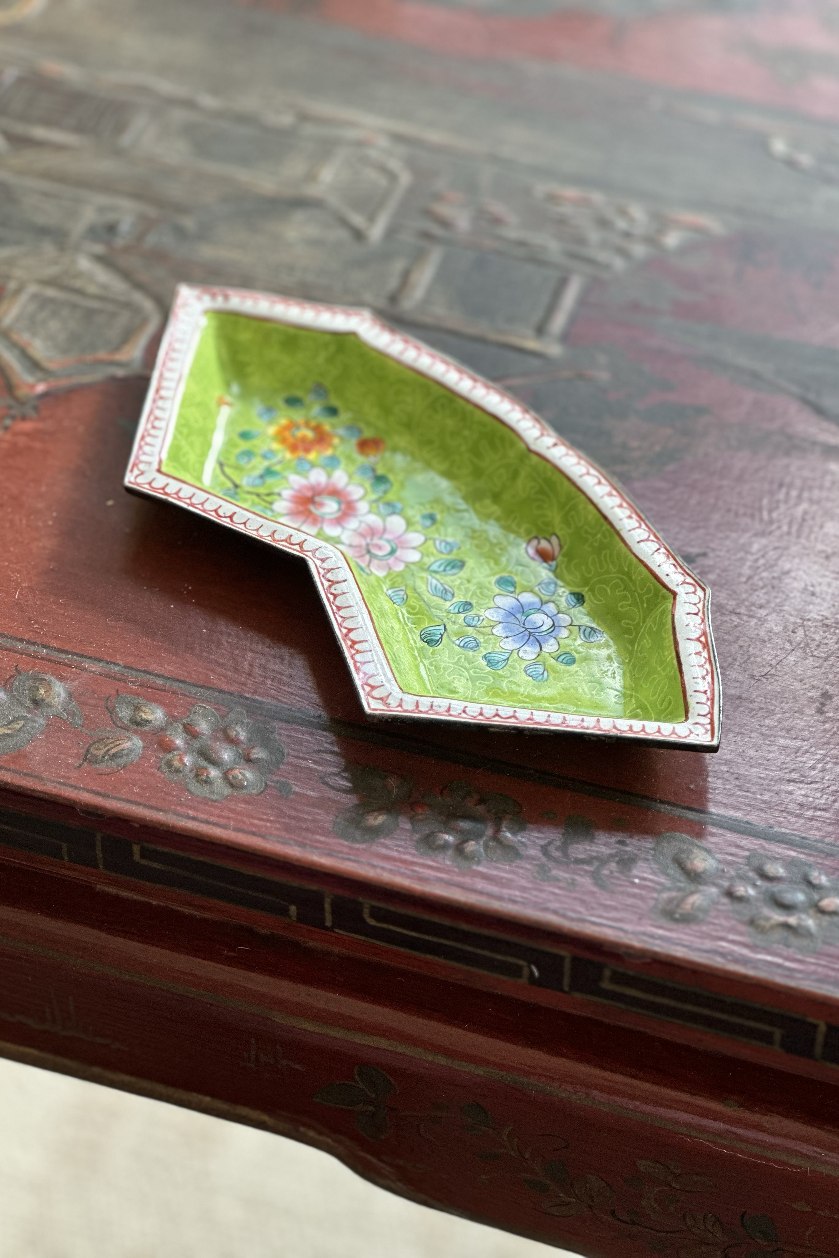 Vintage Chinese Green Small Enameled Metal Tray