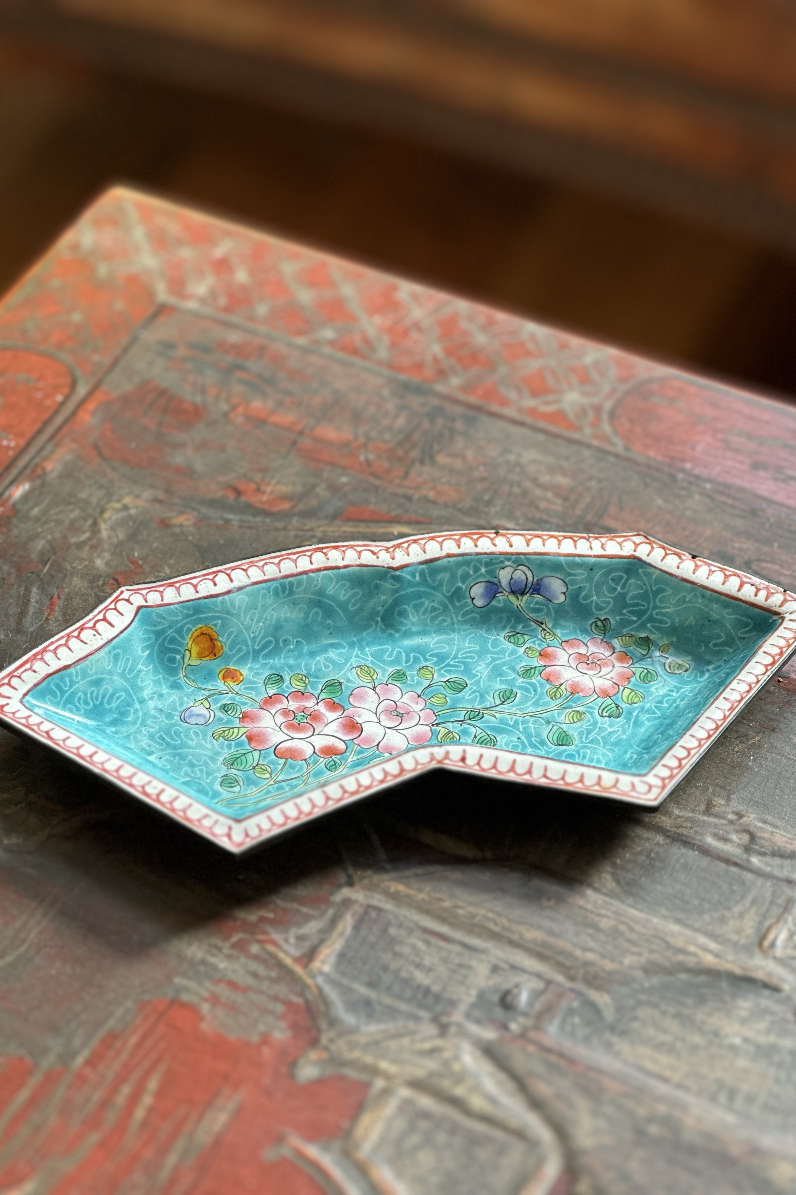 Vintage Chinese Pale Blue Small Enameled Metal Tray