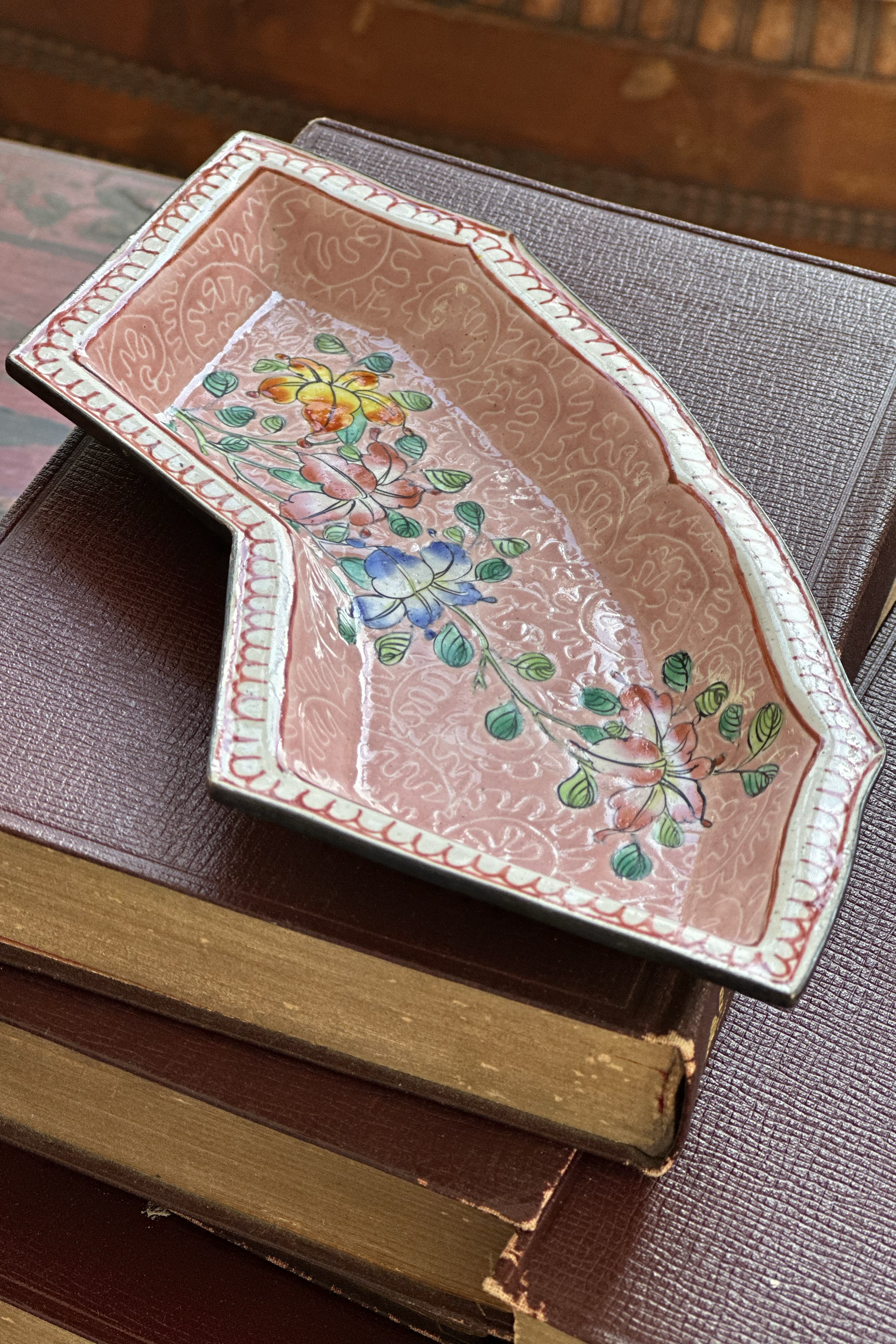 Vintage Chinese Pale Pink Small Enameled Metal Tray