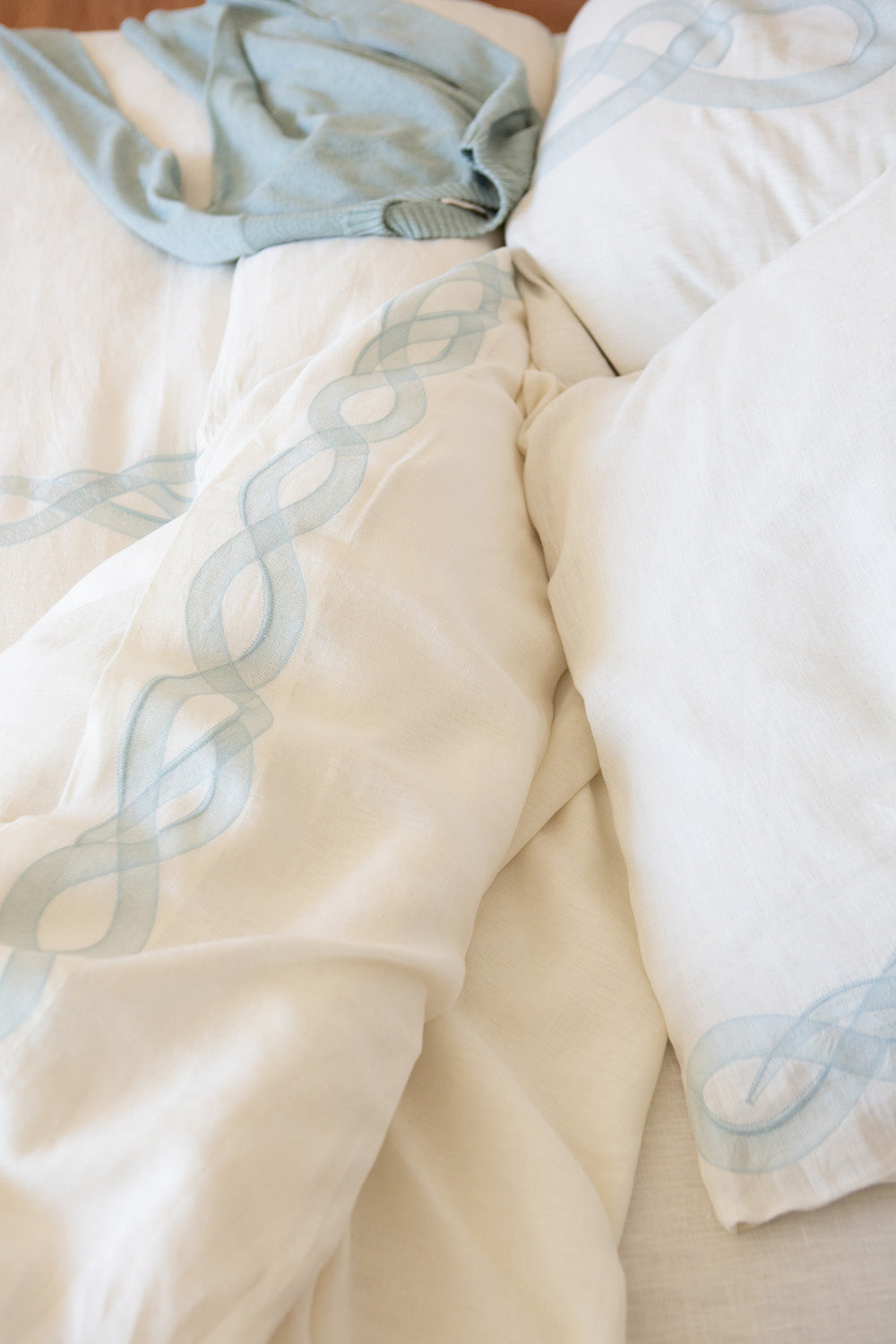 Serpens Embroidered Flat Top Sheet in Soft White Linen