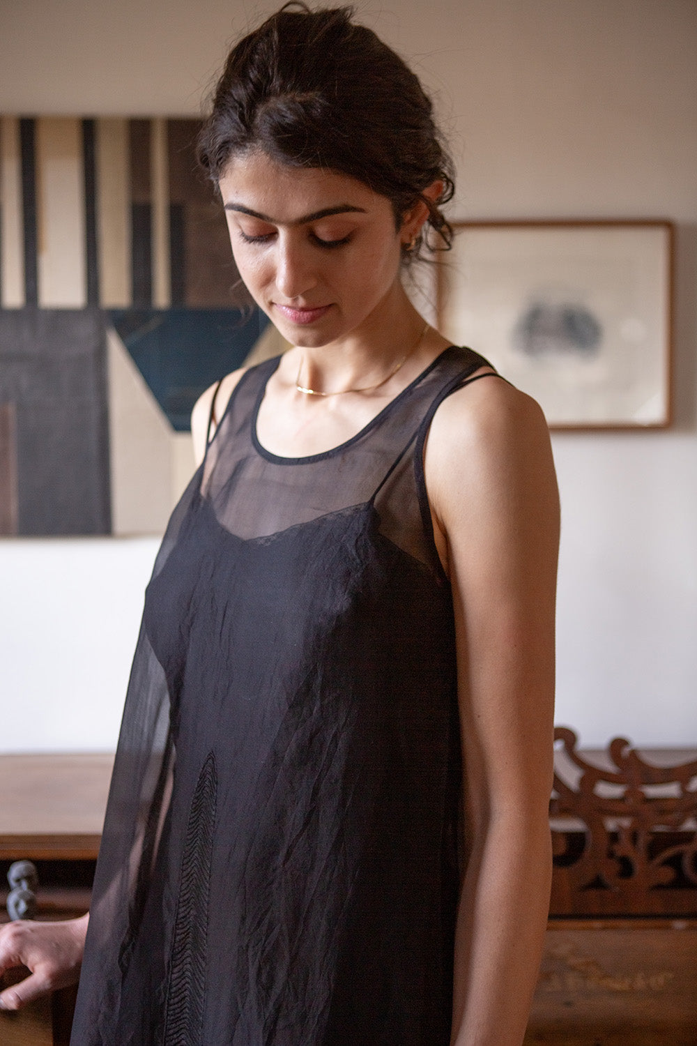 Gamine Embroidered Silk Organza Dress In Onyx