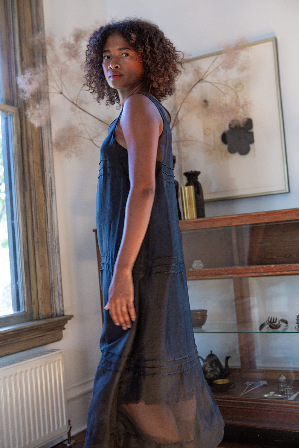 Gamine Pintuck Silk Organza Dress In Onyx
