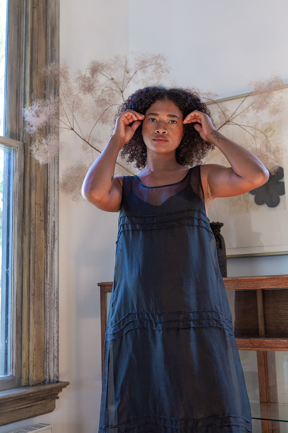 Gamine Pintuck Silk Organza Dress In Onyx