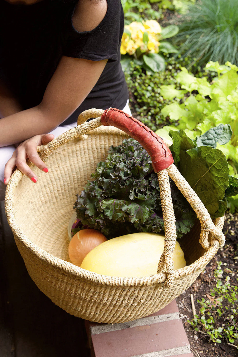Bolga Basket With Brown Leather Handles