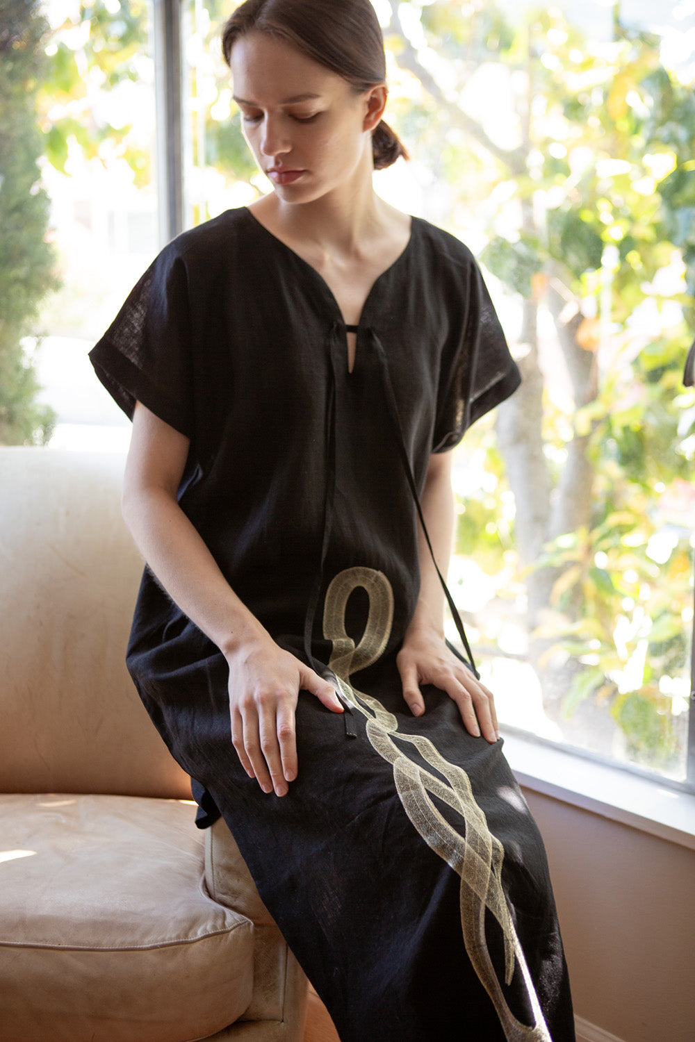 Girard Embroidered Caftan In Serpens Black Linen