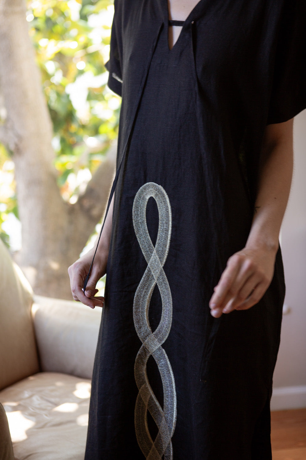 Girard Embroidered Caftan In Serpens Black Linen
