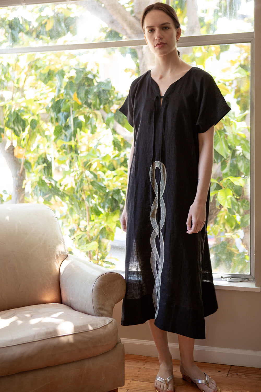 Girard Embroidered Caftan In Serpens Black Linen