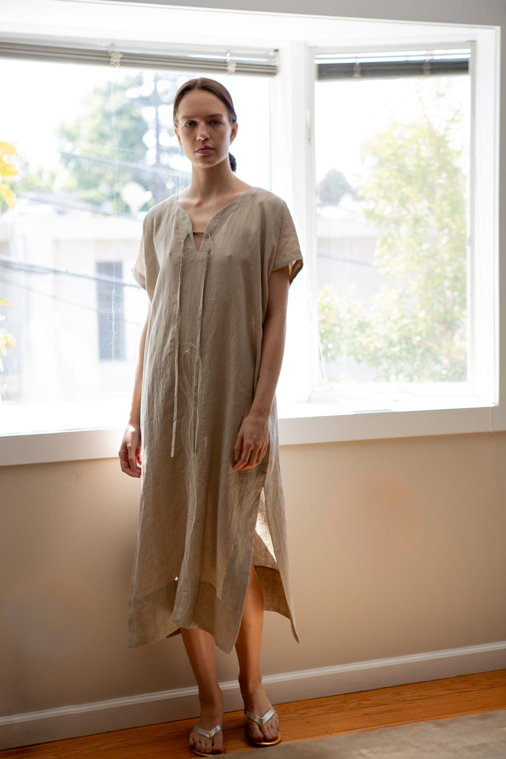 Girard Embroidered Caftan In Serpens Natual Linen